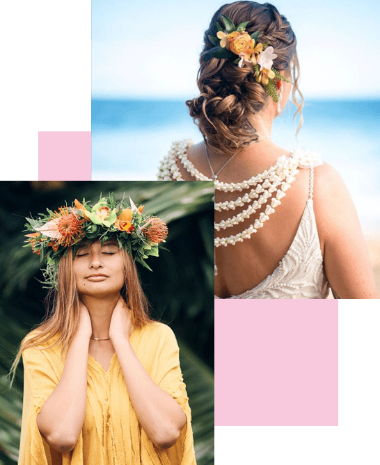 A collage of two women with flowers in their hair.